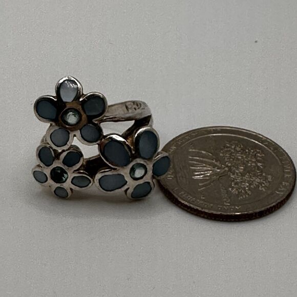Château d’Argent Sterling Blue Mother of Pearl Triple Daisy Flower Ring sz 7.75 - Picture 13 of 13